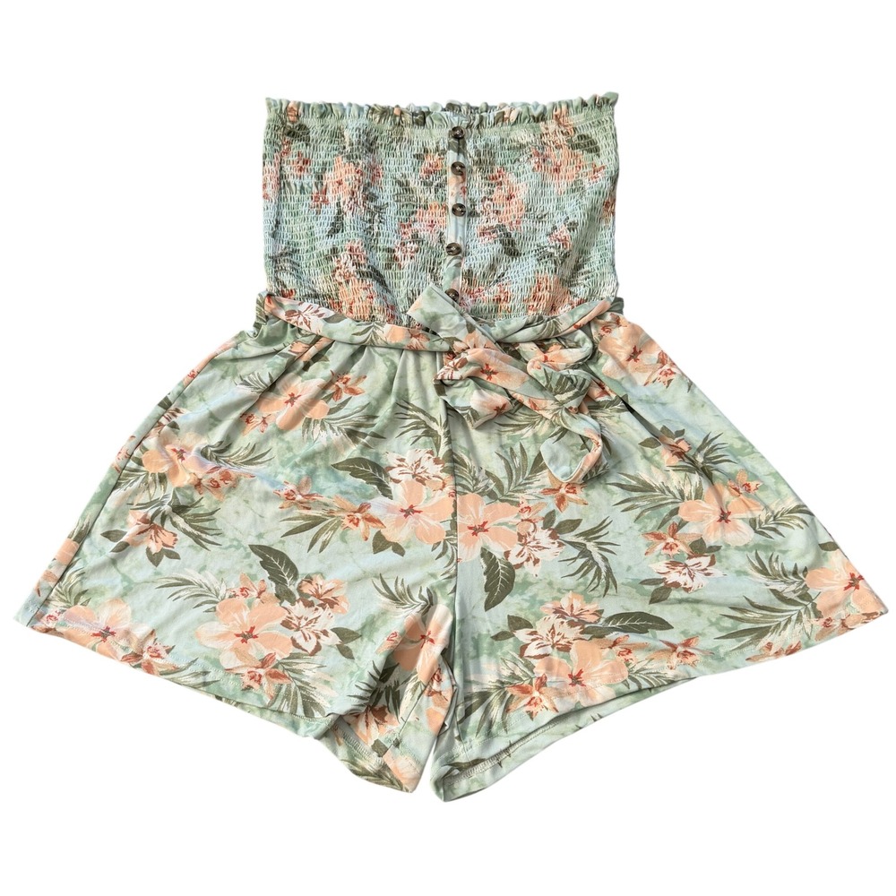 Full Circle Trends‎ 2X Strapless Floral Sage Green Tropical Romper Tie Waist